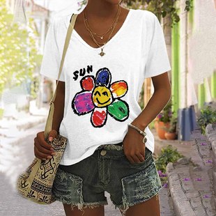2023 Cross-border Casual V-neck Women's Short-sleeved Colorful Smiley Fashionable 3D Printed Summer Loose Distinctive T-shirt Top