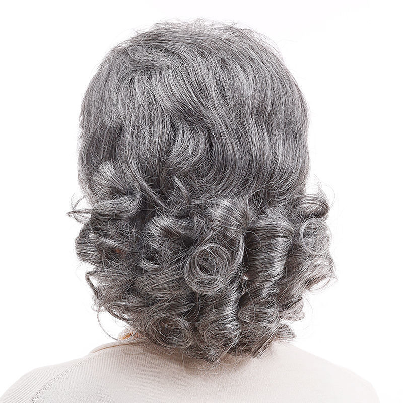 かつらの女性のショートヘアの花の白い中高年のおばあさんの金の自然なふわふわしている波の巻きの短いカールの全体の頭のカバーの卸売り|undefined