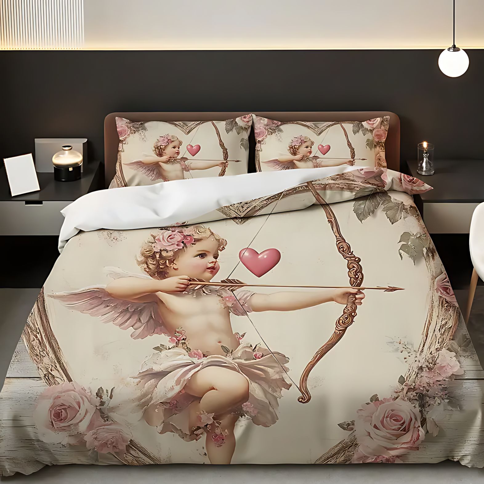 TEMU / JIT Cross-border nuevo diseño de relieve de ángel rosa impresión digital 3D colcha de colchón conjunto de almohada