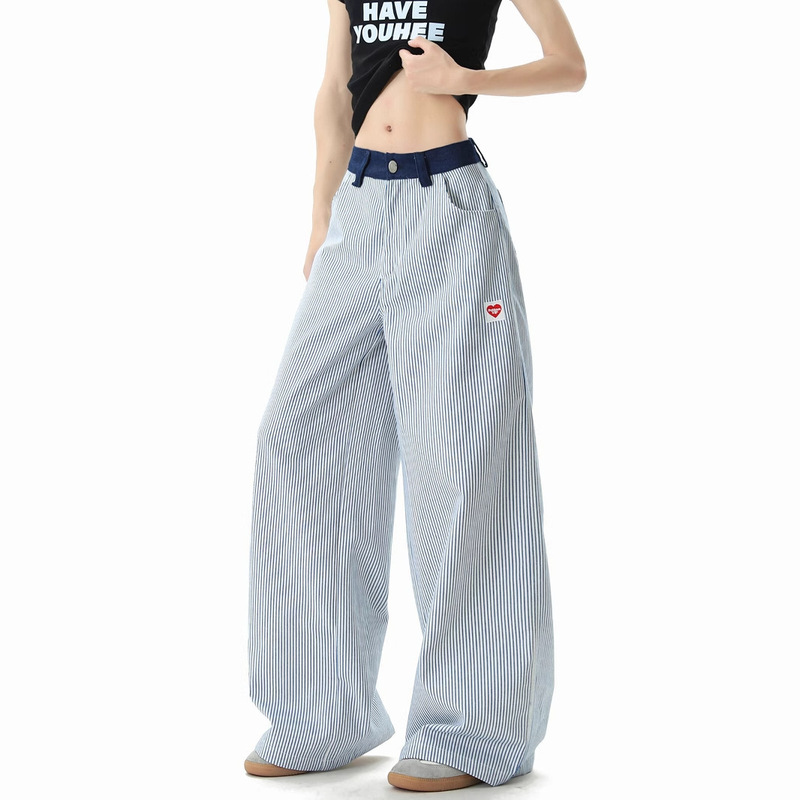 American-Style Blue Striped Pants for Men and Women, Summer Thin Version with Heart Embroidery, Wide-Leg Scimitar Pants, Straight Loose Casual Pants
