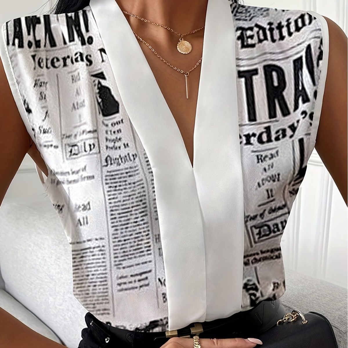 欧美夏款无袖假领报纸元素印花衬衫休闲个性上衣女衬衫