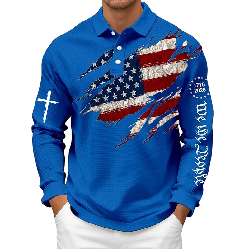20263D Digital Printing Cross-Border Independent Website New European and American Trendy American Flag Cross Long-Sleeved Polo Shirt