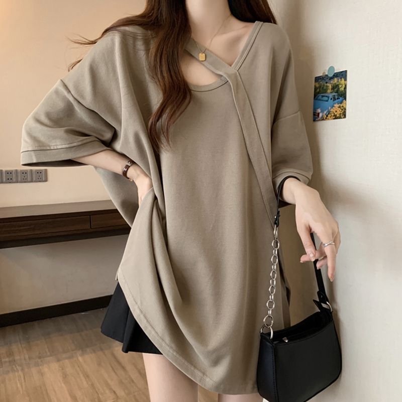 Plus Size Mid-Length Short-Sleeved T-Shirt for Women Summer New Loose Slim Design Off-Shoulder Sleeve Bottoming Shirt Top for Women