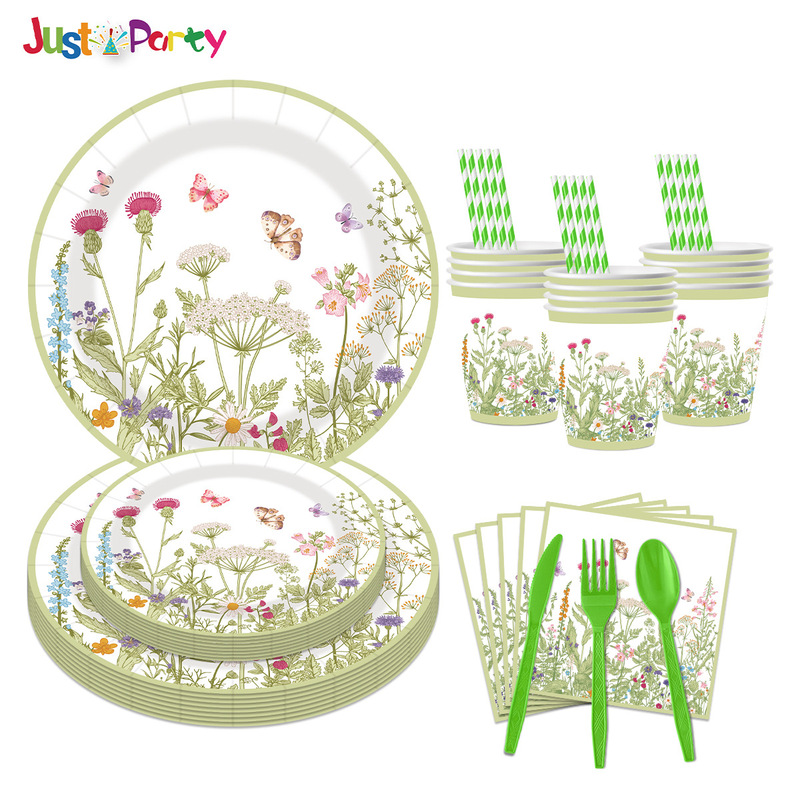 Amazon Spring Flower Disposable Paper Tableware Wild Flower Plate Birthday Party Paper Cup Paper Towel Knife and Fork Spoon Straw