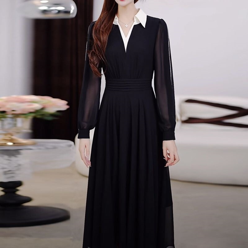 French-style dress, slimming and elegant, fitted chiffon dress 2026, color-blocking plus-size women's clothing, hides body fat, elegant for mothers in autumn French-style dress, slimming and elegant, fitted chiffon dress 2026, color-blocking plus-size women's clothing, hides body fat, elegant for mothers in autumn