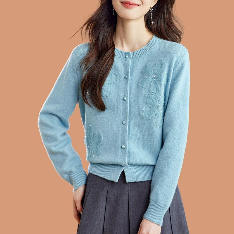 Кружевные ногтевые sequins? прошу пояснить: в оригинале "Lace nail sequins, knitted cardigan, summer sweater, jacket, Chanel style, lace dress, flowered, round collar" - вероятно список: кружевные лаки? Но лучше перевести как: "Кружевной кардиган с пайетками?" Actually 'Lace nail sequins' seems odd. Could be ' Lace nail sequins' meaning кружевной маникюр с блестками. But context of clothing: cardigan, jacket, Chanel style, lace dress, flowered, round collar. So maybe 'Кружевной кардиган, джемпер-кофта, жакет, стиль Chanel, кружевное платье, в цветочек, круглый воротник' . We'll craft: