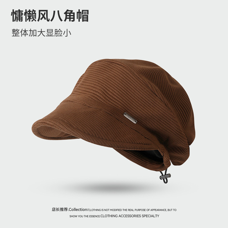 日系复古灯芯绒贝雷帽女秋冬新款百搭显脸小马术帽大头围堆堆帽女|undefined