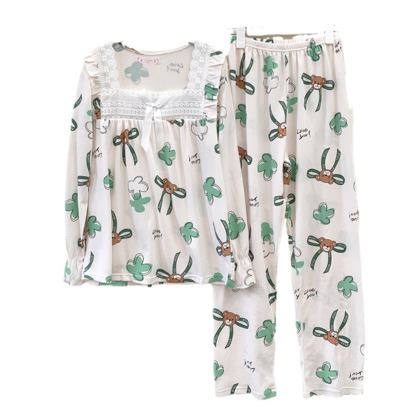 Popular fresco volantes pijamas para las mujeres primavera y otoño dulce princesa estilo manga larga más tamaño casual Home wear