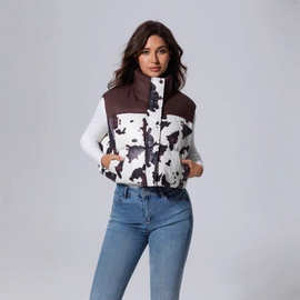 欧洲站冬季新款羽绒马甲女宽松小个子设计感奶牛纹面包服外套