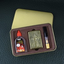 浮雕青铜打火机关公三件套火石煤油火机整套带铁盒煤油打火机批发