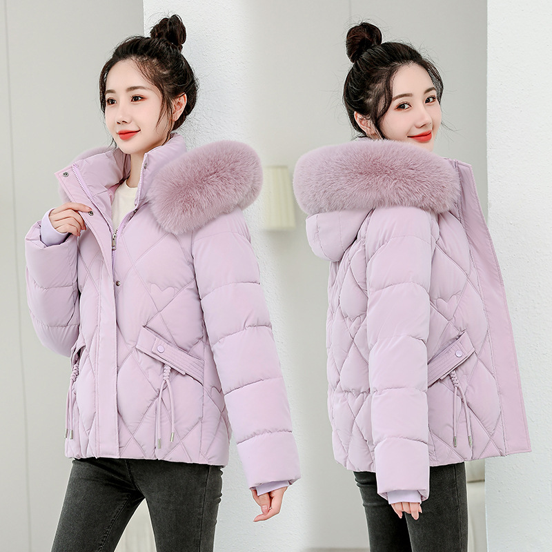 2024 ropa de invierno nueva chaqueta de algodón de pluma delgada con capuzas de cuello de cabello grande chaqueta de algodón de mujer chaqueta corta de algodón gruesa