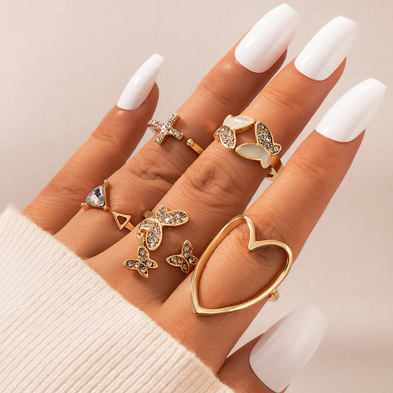 European And American Retro Jewelry Dripping Oil Rhinestone Heart Cross Butterfly Open Ring 5-piece Set display picture 2