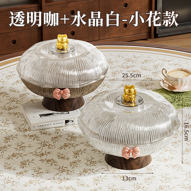 木纹高脚花型果盘家用复古风糖果坚果摆放果盘带盖招财猫跨境批发|undefined
