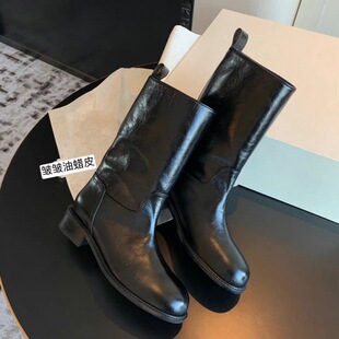 Howus2025 New Retro Boots Thick Heel Flats Mid-Calf Western Knight Short Boots Autumn and Winter Fleece-Lined Women's Boots