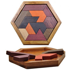 Hexagon-shaped puzzle tangram 11-piece wooden block jigsaw puzzle board classic brain-teasing children's toy educational