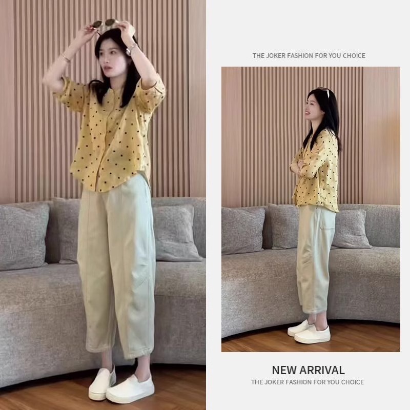 女性のための夏の新鮮な服装 2025 新しいカジュアル水玉シャツトップスルーズワイドレッグパンツ年齢軽減スーツ|undefined