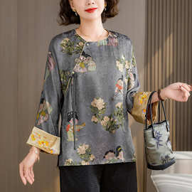2025年春夏季新中式中国风小唐人宽松香云纱印花上衣T恤