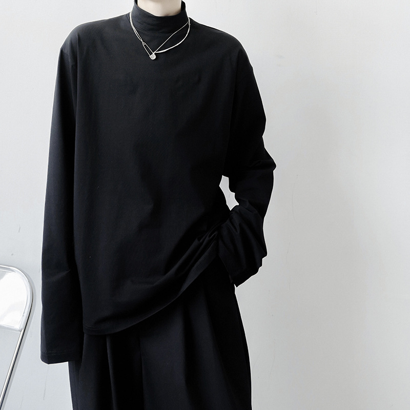 2021 가을 겨울 새로운 베이스 셔츠 긴팔 느슨한 퓨어 T 헤어 스타일리스트 스몰 하이 칼라 레트로 티셔츠 탑 트렌디 브랜드 남성복