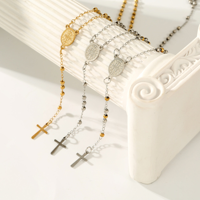 Cross-border Hot Selling 3mm Stainless Steel Round Bead Tricolor Cross Notre Dame European and American Women's Fashion Fashion Jewelry Cross-border Hot Selling 3mm Stainless Steel Round Bead Tricolor Cross Notre Dame European and American Women's Fashion Fashion Jewelry