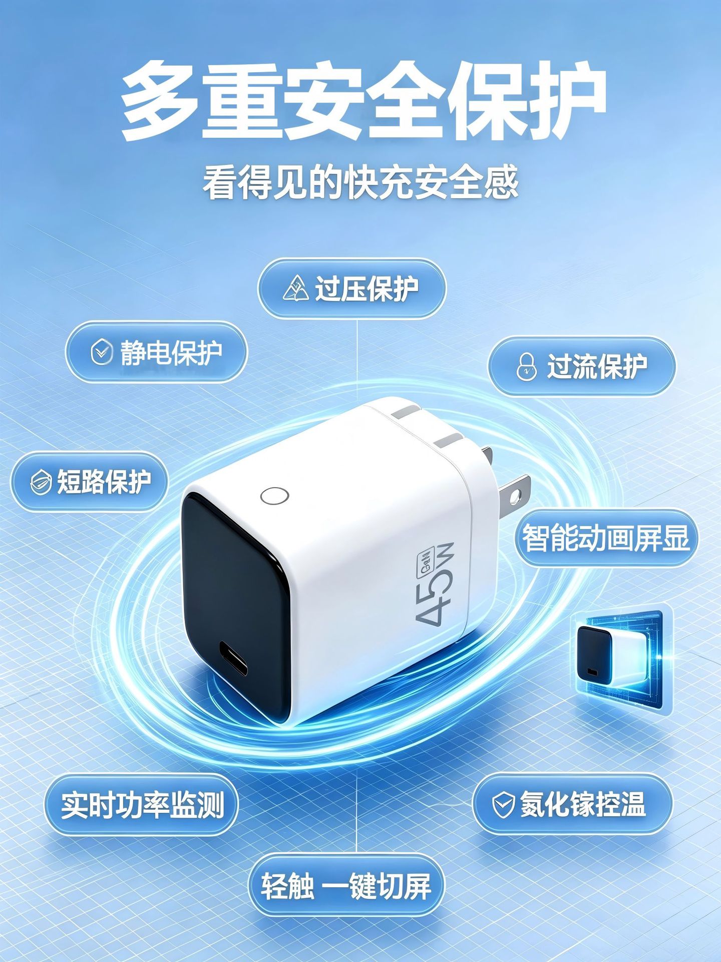 跨境足45W智能数显氮化镓充电器适用苹果安卓typec手机充电器快充