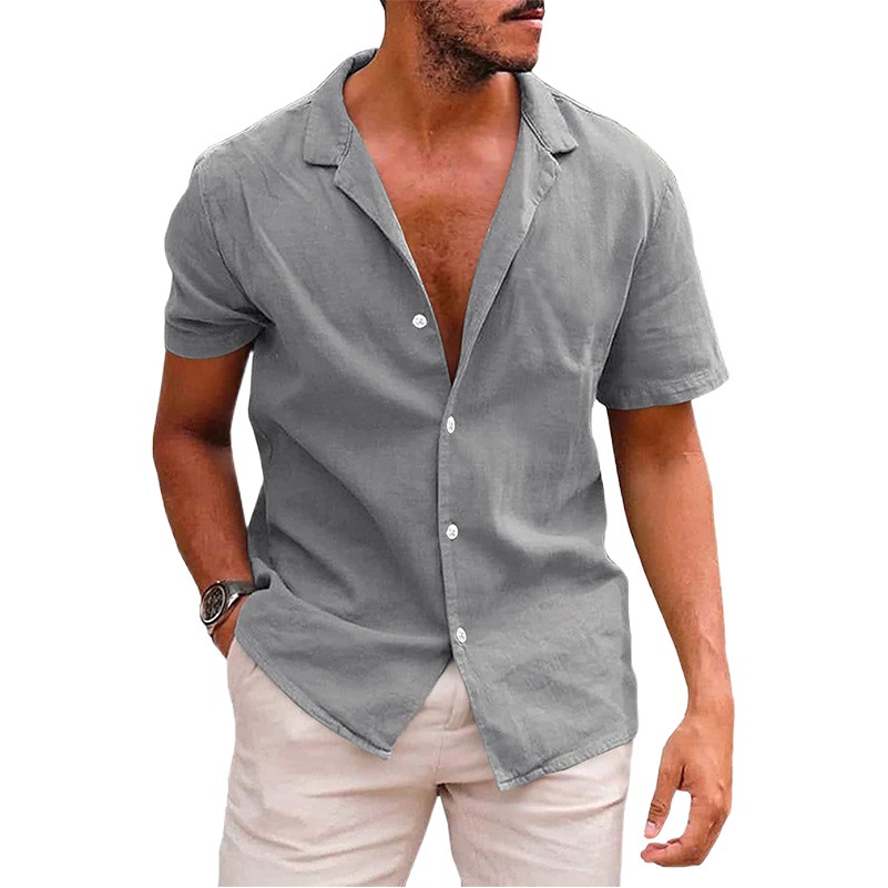 Amazon eBay Venta caliente verano solapa de color sólido de manga corta Camisa Botón de algodón y lino camisa de los hombres ropa de los hombres