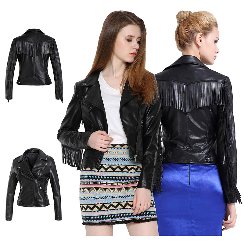Cross-border women's clothing wholesale tassel leather women's slim coat motorcycle street oblique zipper Europe and the United States