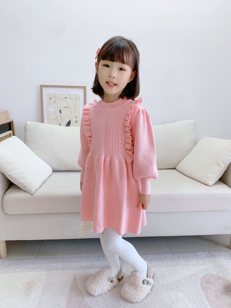 Girls Knitted Dress Autumn Winter Solid Colour Long Sleeve Style_voghion.com