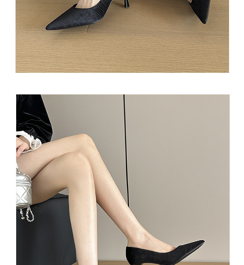 Giày cao gót nữ mũi nhọn gót 6–8 cm họa tiết da cá sấu, chất liệu nhung, cổ thấp — Xanh lá cây, màu đen chi tiết 8