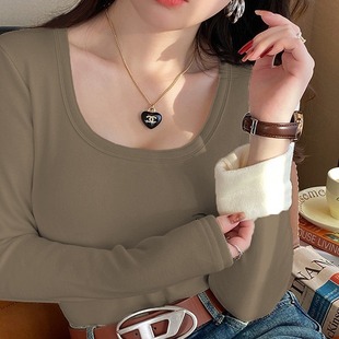 Fleece-lined bottoming shirt for women autumn and winter 2023 new slim fit inner wear winter one-piece velvet thickened warm u-neck top