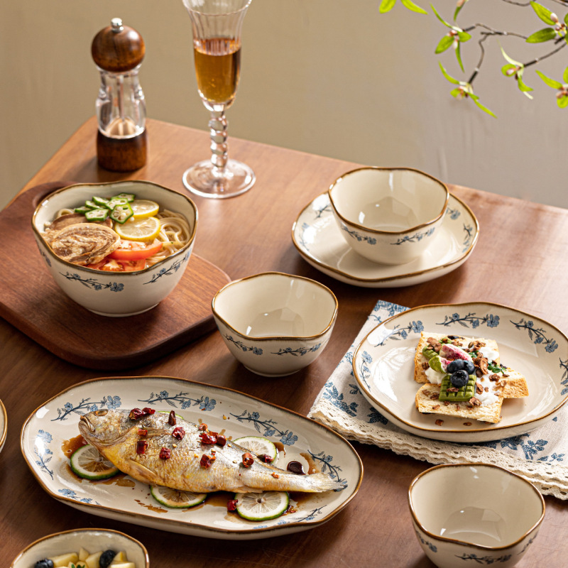 Japanese-Style Ceramic Bowl and Plate Tableware Set Gift, Light Luxury High-End Feel, Household Plates, Hotel Fish Plates, Salad Bowls, Dinner Plates