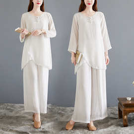 禅舞服装女套装中国风禅意仙女飘逸白色茶服禅服大码两件套代发棉