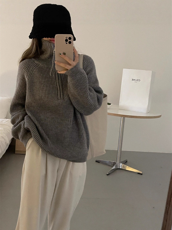 跨境大码慵懒风翻领毛衣女2025秋冬高领拉链套头百搭搭针织衫外套|undefined