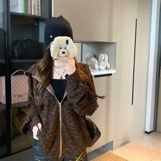 【工厂现货】豹纹连帽长袖卫衣外套春季开衫设计感慵懒宽松上衣