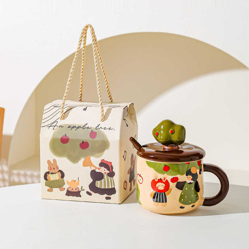 Apple Tree Girl cerámica vintage taza de alto valor con cuchara de cubierta taza de agua de oficina taza de café taza de desayuno