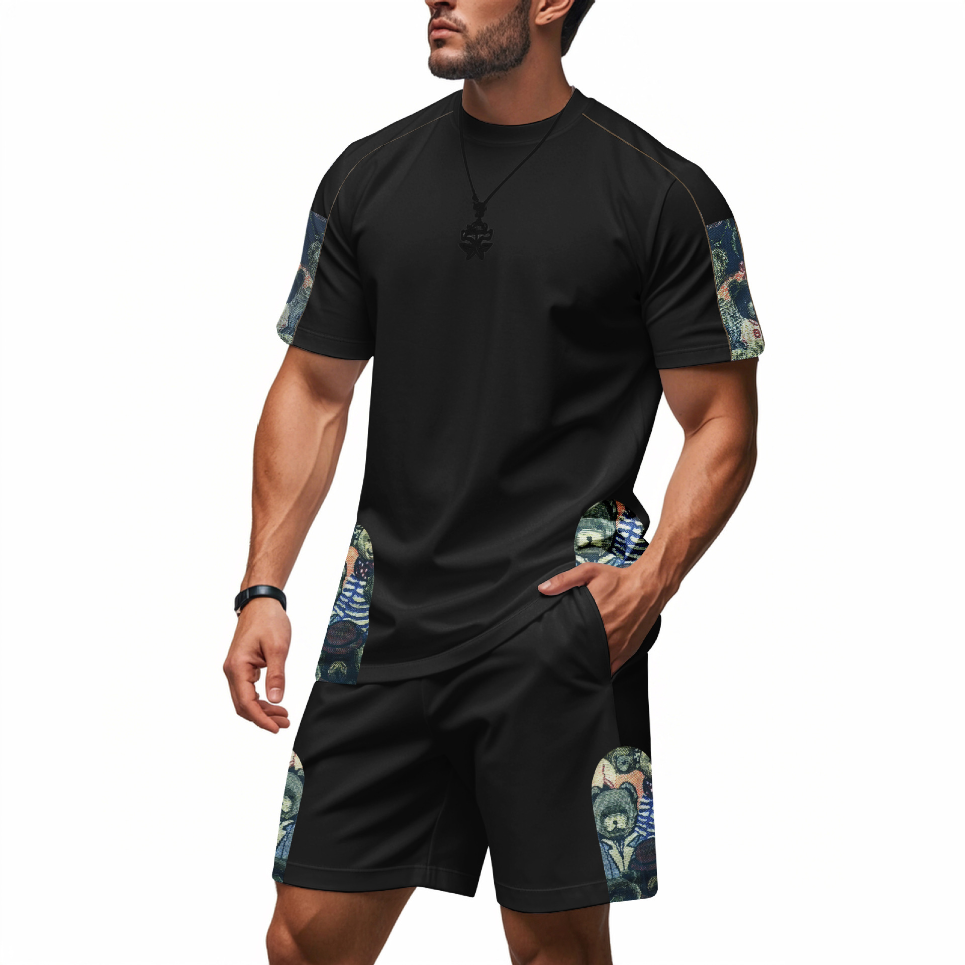 Men's Clothing Men's Trendy Sports Casual Hip Hop Round Neck Short Sleeve Bear Print Loose Fit Breathable Suit High Street Style_viptrois.com