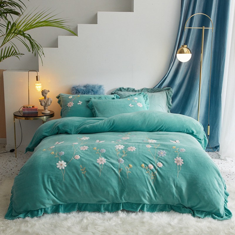 秋冬加厚寶寶絨刺繡牛奶絨水晶絨法萊絨四件套保暖被套床單