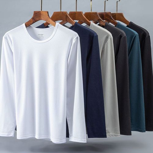 Men's Long-Sleeve Ice Silk T-Shirt with Round Neck for Summer, Plain Color, Plus Size, Wholesale Mesh, Breathable, Quick-Drying Fashion T-Shirt
