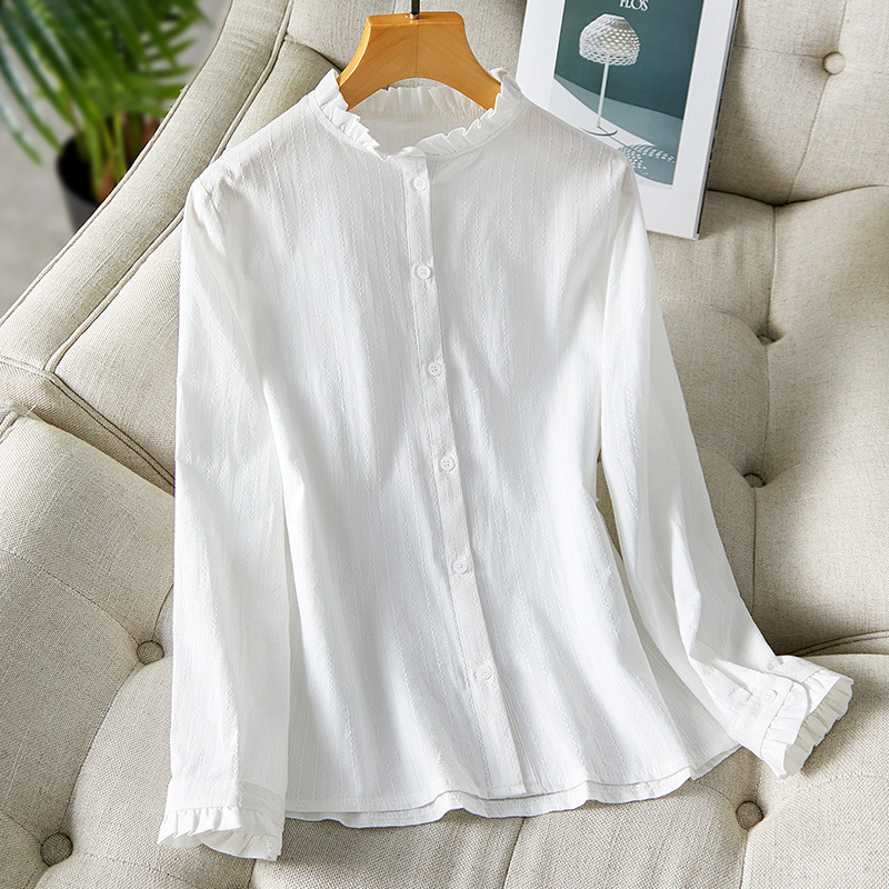 Cotton Shirt Lace Collar Single-Breasted Long-Sleeved Shirt 2024 New Long-Sleeved Jacquard Slim White Shirt H10501