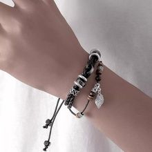 树叶子手链男款个性复古多层手工编织皮革手环简约学生情侣手饰品