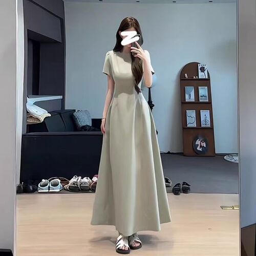 French retro long dress, women's summer new style, waist, slimming, high-end, Hepburn style, black thin suit dress