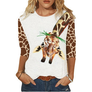 Cross-border TEMU Amazon Ebay women's top new women's round neck 3/4 sleeve animal print loose top