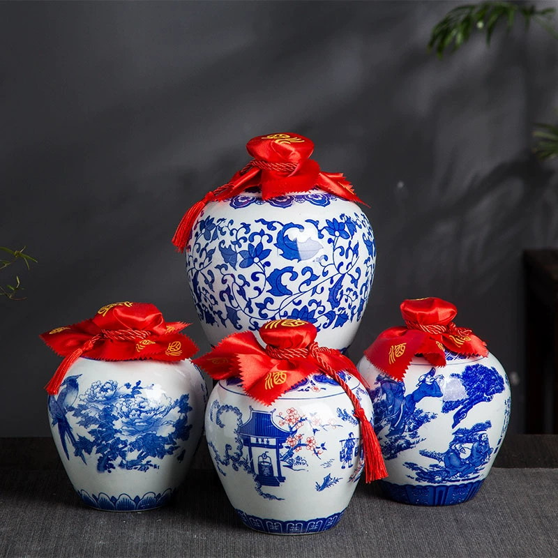 Керамическая антикварная бутылка для вина 2.5kg сине-белая маленькая банка для вина, герметичная декоративная банка для ликера 2.5kg пустая банка для вина для домашнего использования