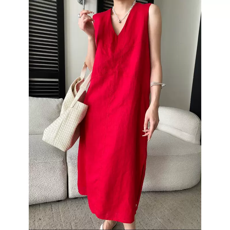 司南 智性开叉 100亚麻透气舒适V领宽松显瘦无袖连衣裙 SN8792
