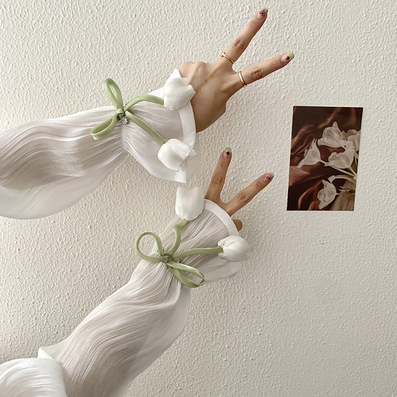 Mangas de hielo, mangas de seda de hielo, verano femenino, nuevo estilo, lazo, flores grandes, mangas de mano sueltas, protectores de brazos, mangas de protección solar para conducir