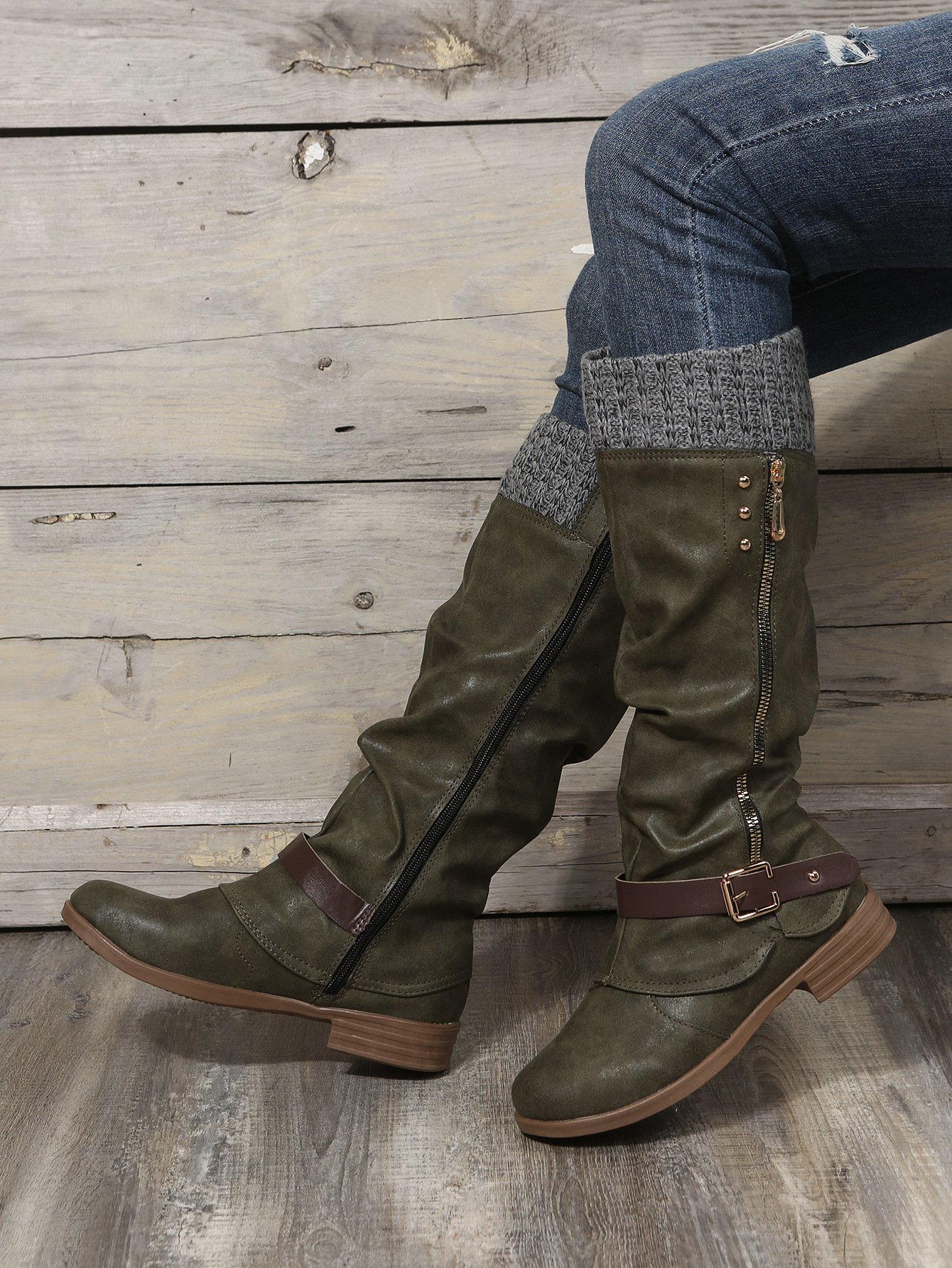 Round toe chunky heel mid-simple warm side zip boots_voghion.com