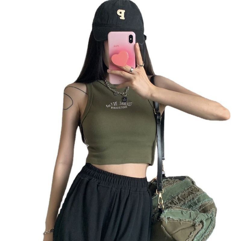 Nuevo estilo retro bordado caliente chica de algodón en forma de I Chaleco con almohadilla en el pecho Sling camisa de fondo exterior sin mangas