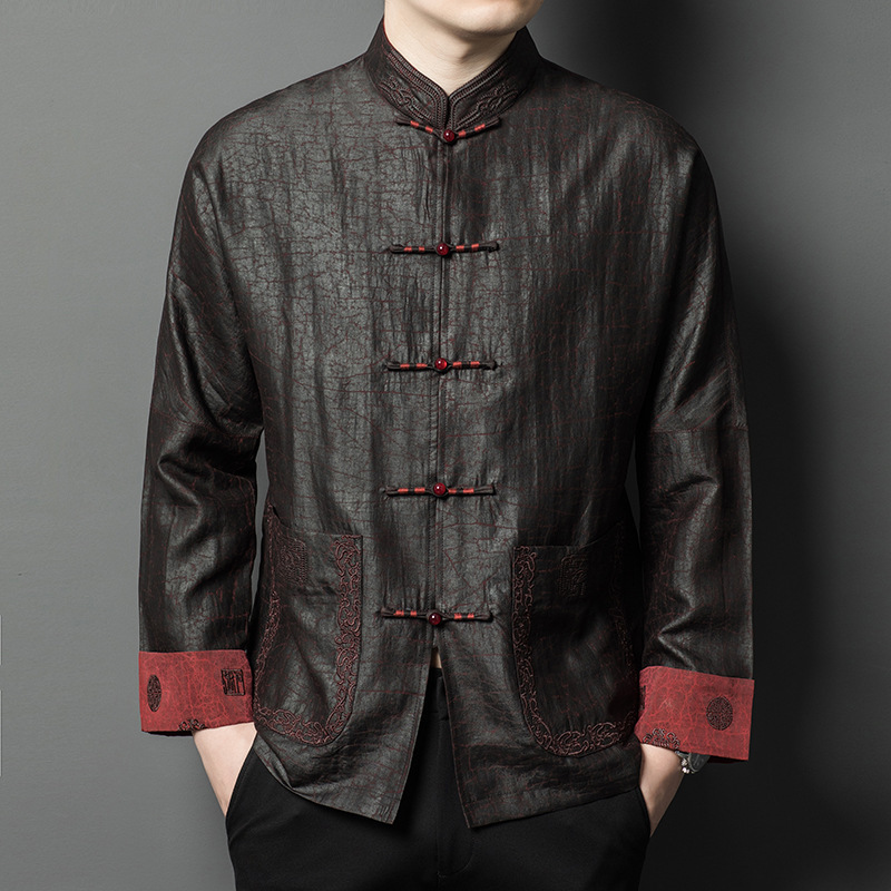 High-End Silk Xiangyun Yarn Long-Sleeve Shirt for Men, Autumn Wear, Chinese-Style Button Closure, 100% Mulberry Silk, Tang Suit with Stand Collar, Dad's Outfit High-End Silk Xiangyun Yarn Long-Sleeve Shirt for Men, Autumn Wear, Chinese-Style Button Closure, 100% Mulberry Silk, Tang Suit with Stand Collar, Dad's Outfit