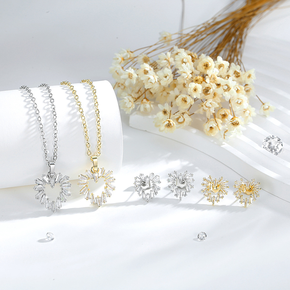 Europa y los Estados Unidos ins viento material de cobre hueco amor pendientes de zircón collar damas colgante conjunto de joyas transfronterizas