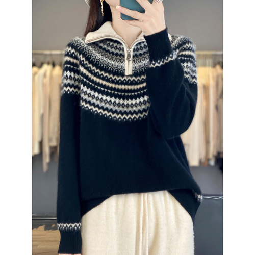 Retro jacquard cardigan women's autumn and winter new age-reducing zipper cashmere sweater Fairisland lapel warm sweater