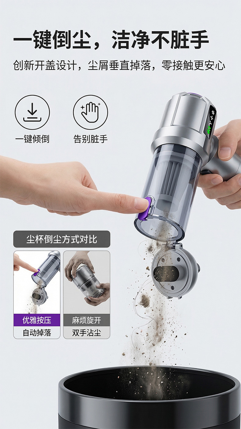 Car-mounted vacuum cleaner with wireless power display, portable brushless motor, handheld household dust remover, blower and vacuum cleaner